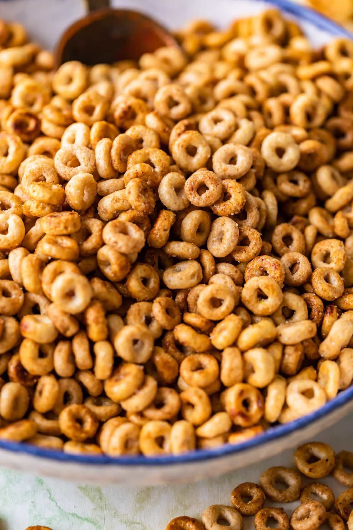 close up on sweet and salty fried cheerios mix