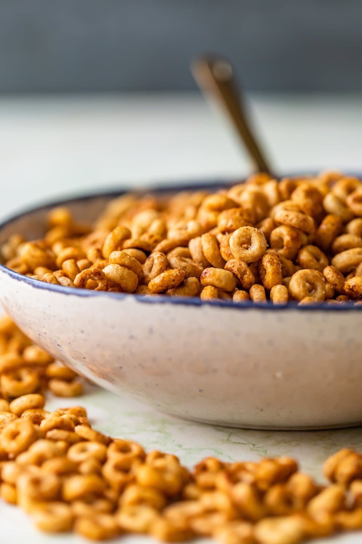 a bowl of cheerios snack mix with 