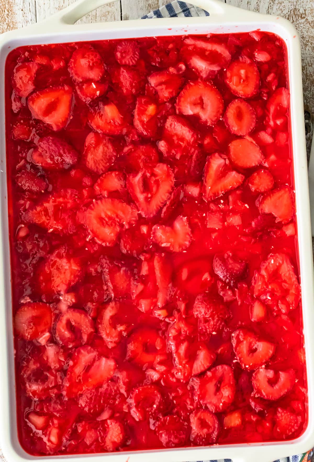 top view of strawberry pretzel salad in a baking dish