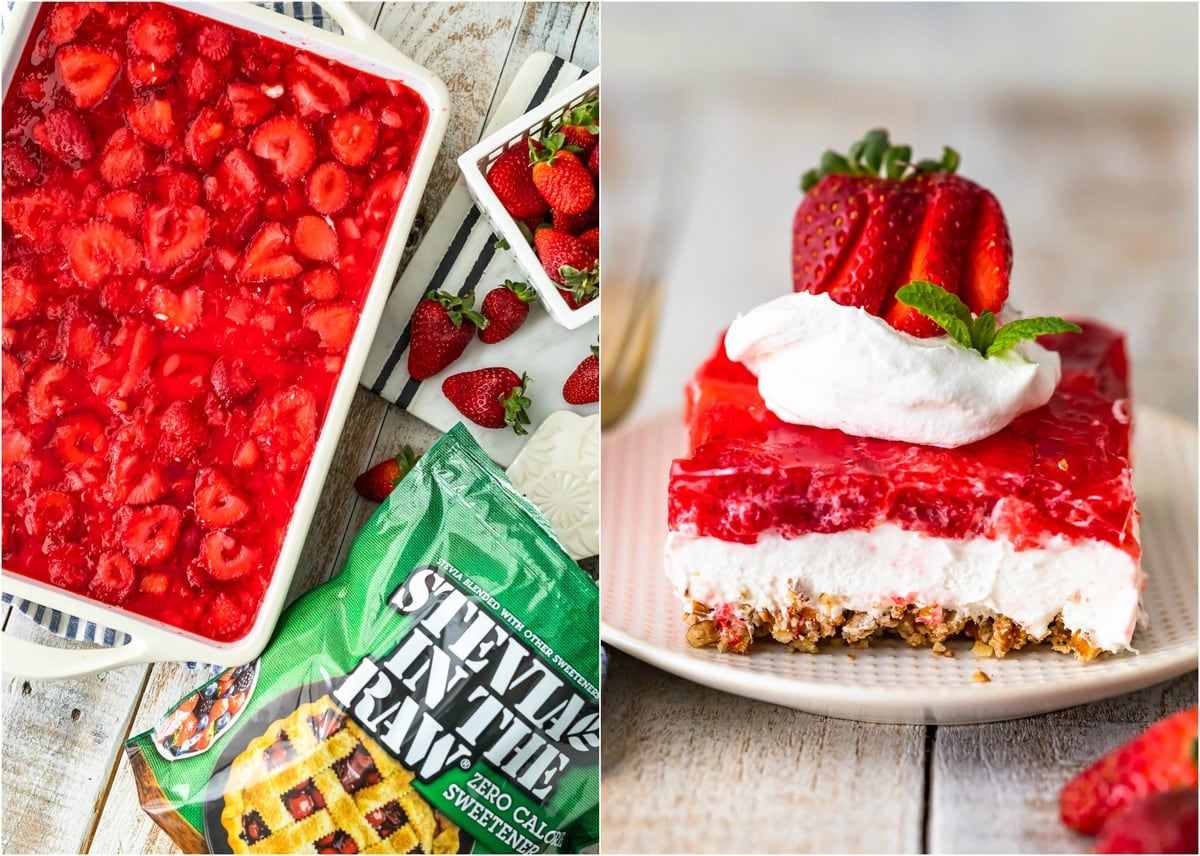 Strawberry Pretzel Salad is an absolute must make during the holidays, especially when you can make it SUGAR FREE but just as delicious as the traditional version! This Sugar Free Strawberry Pretzel Salad recipe is made with layers of salty and buttery pretzels, low fat cream cheese/whipped cream, and of course and tangy strawberry jello topping. It's a delicious side dish or even dessert for Christmas, Easter, Thanksgiving, and beyond!