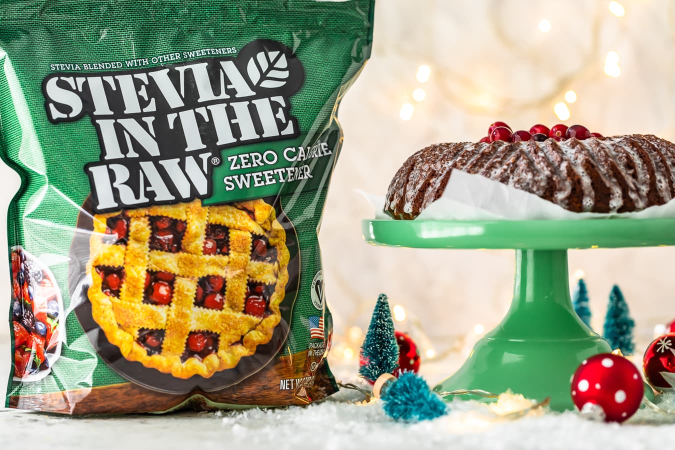 a bag of Stevia in the Raw next to a gingerbread bundt cake