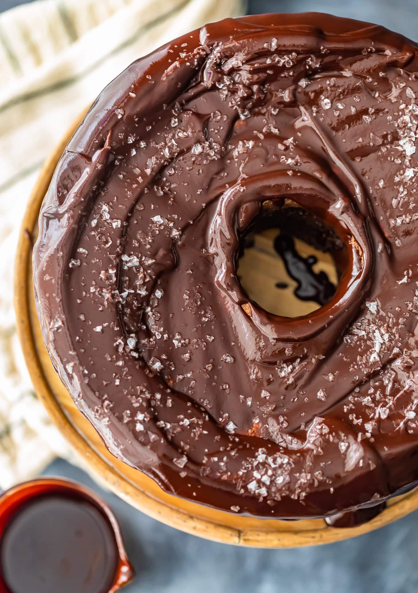 overhead view of a frosted chocolate tube cake
