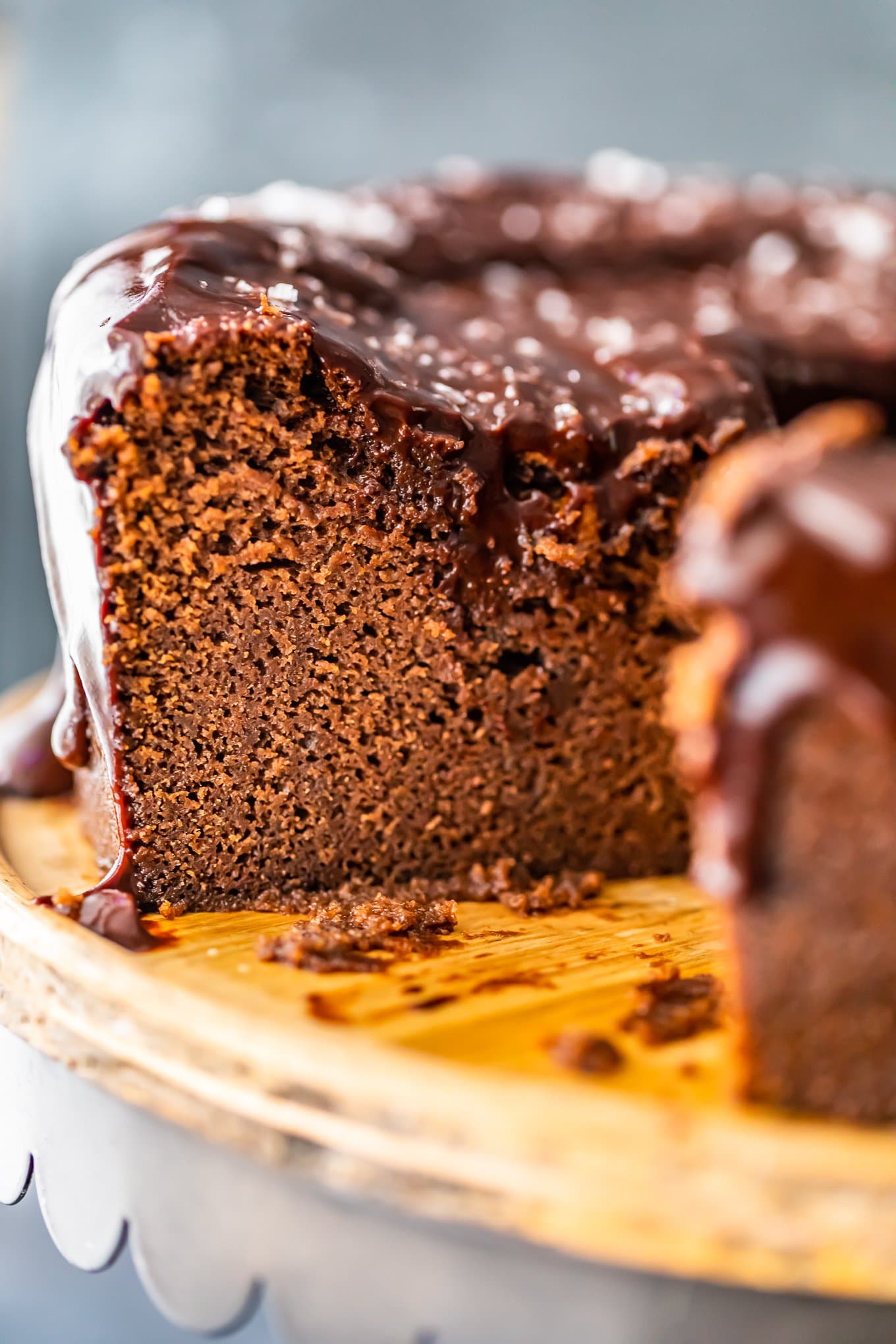 close up on a chocolate cake, with a slice taken out