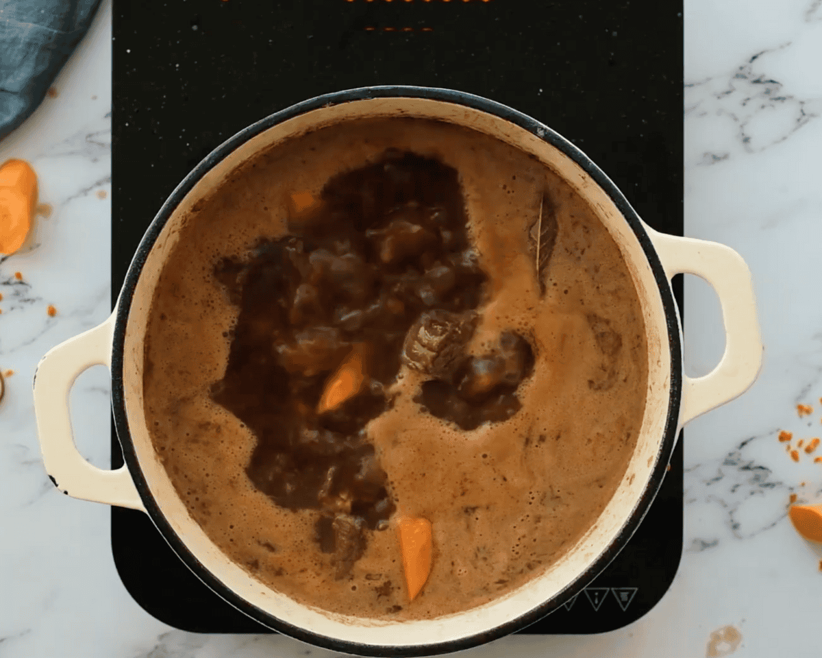 The stew bubbling vigorously in the Dutch oven as it reaches a full boil before being covered and transferred to the oven.