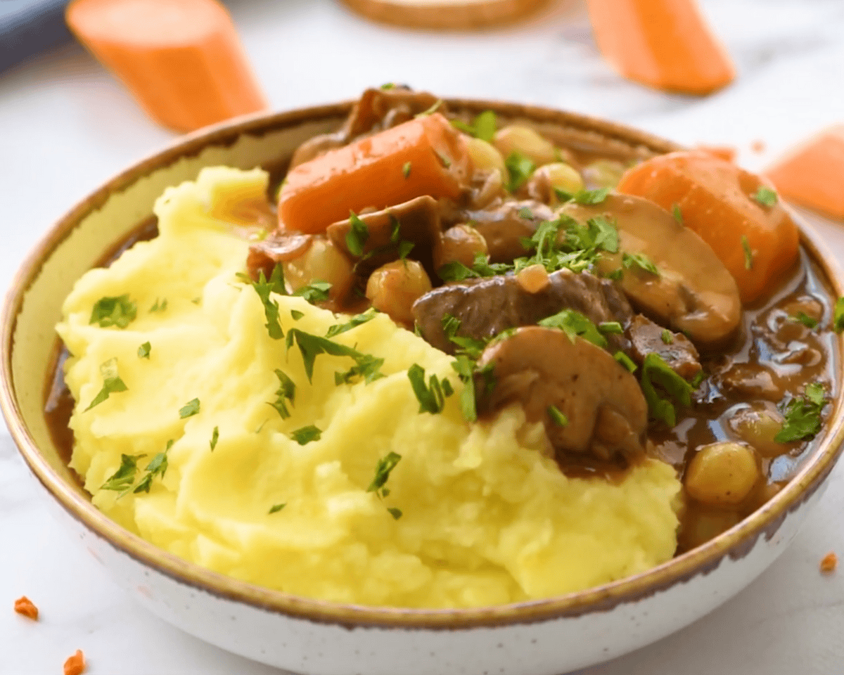 A bowl of creamy mashed potatoes topped with rich beef bourguignon, carrots, mushrooms, and fresh parsley.