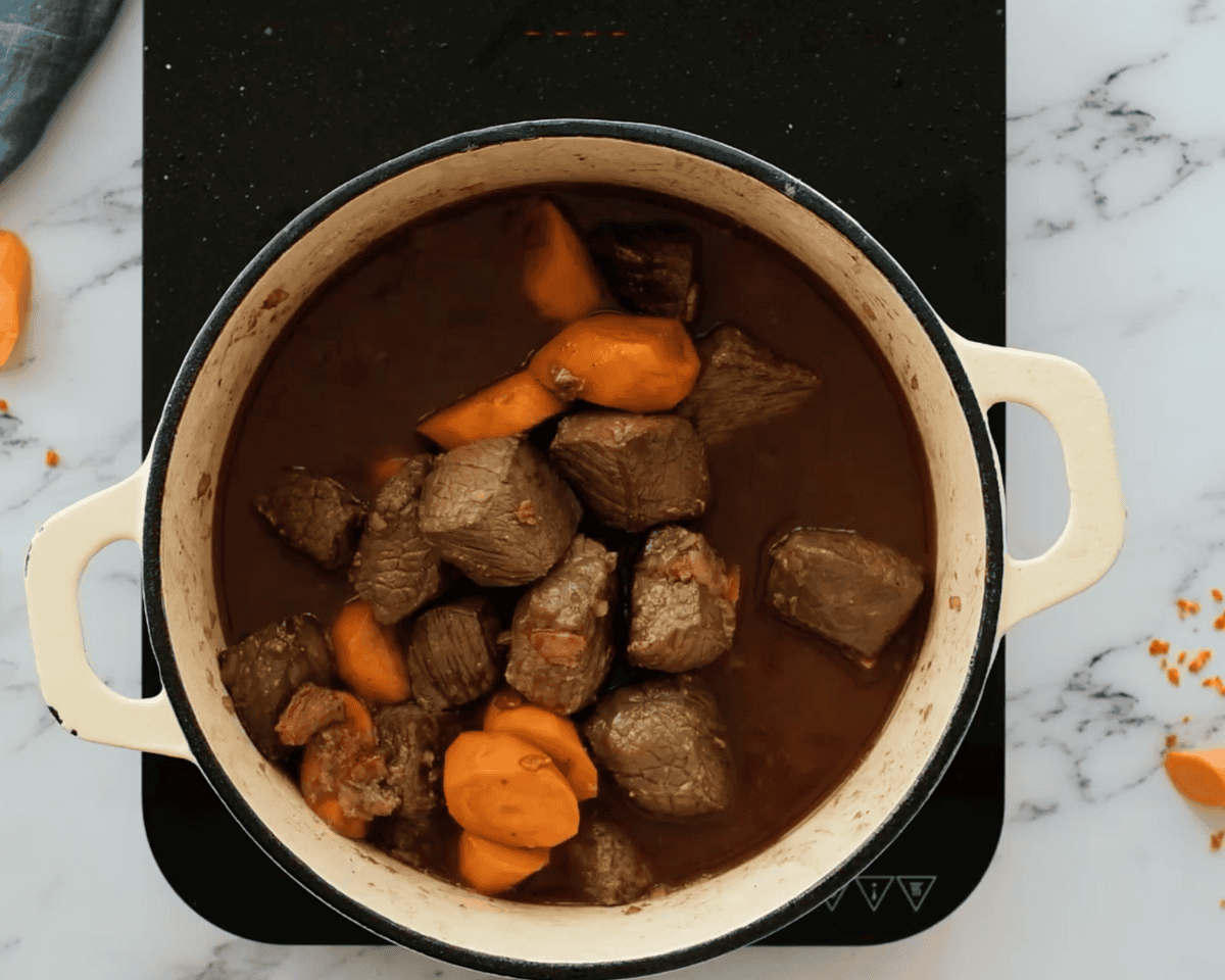 Beef chunks and carrots partially submerged in a rich red wine to deglaze the pan.
