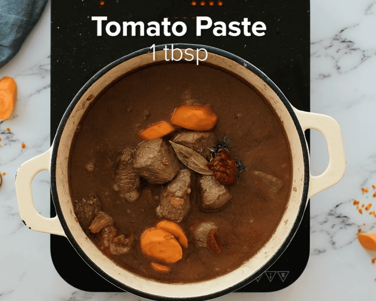 A Dutch oven showing tomato paste, fresh thyme, and a bay leaf added on top of the beef and carrots in the simmering liquid.