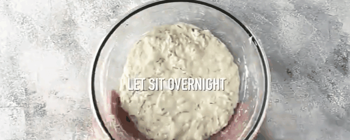 Dutch oven bread dough in a bowl covered with plastic wrap. 