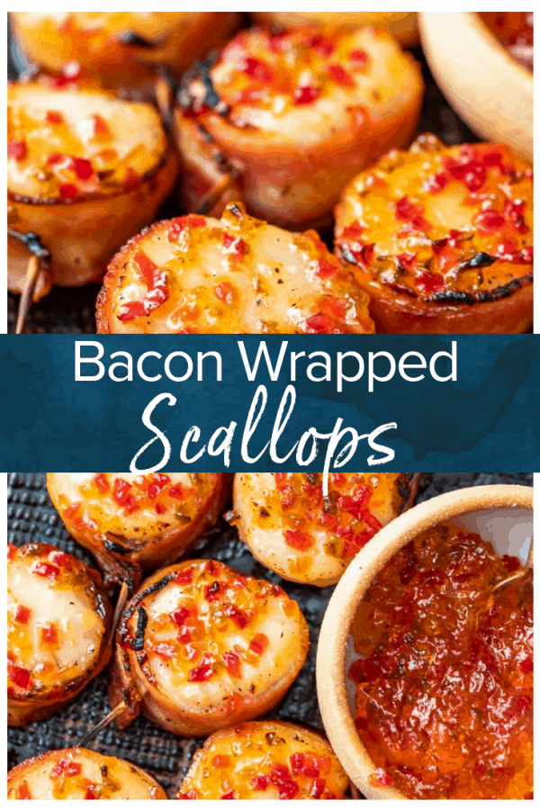Bacon Wrapped Scallops are a delectable appetizer for any party or special occasion. They have a savory, buttery flavor, with a bit of spice thanks to the hot pepper jelly on top. This baked bacon wrapped scallops recipe is so easy, and so delicious!