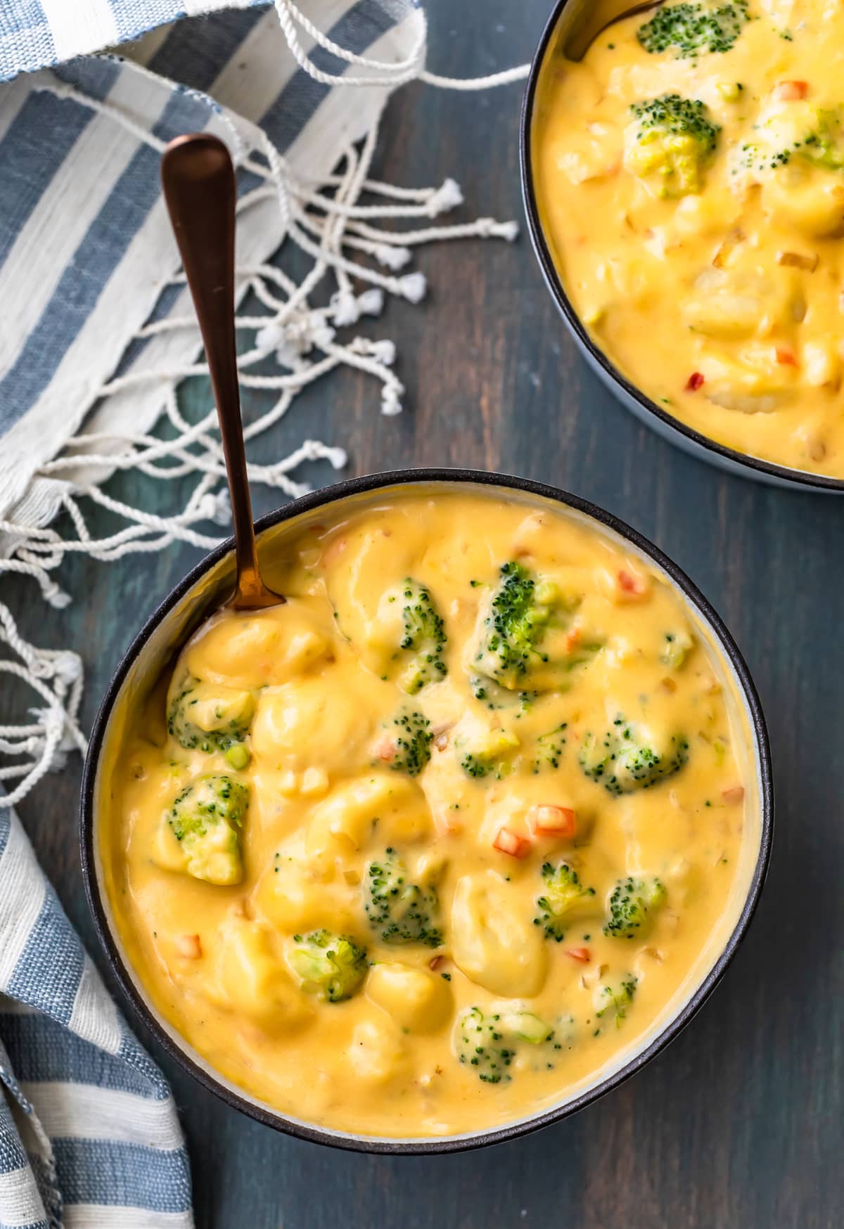 overhead view of gnocchi and broccoli cheese soup