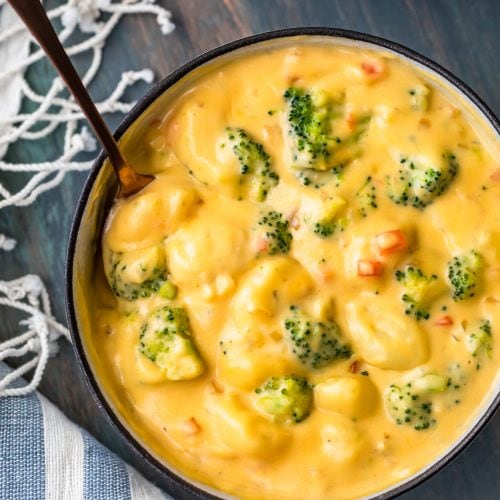 Broccoli and Cheese Soup is a winter time favorite, but we're taking it up a notch by adding gnocchi into the mix! This cheesy broccoli gnocchi soup is so easy and so delicious. It'll warm you right up all season long!