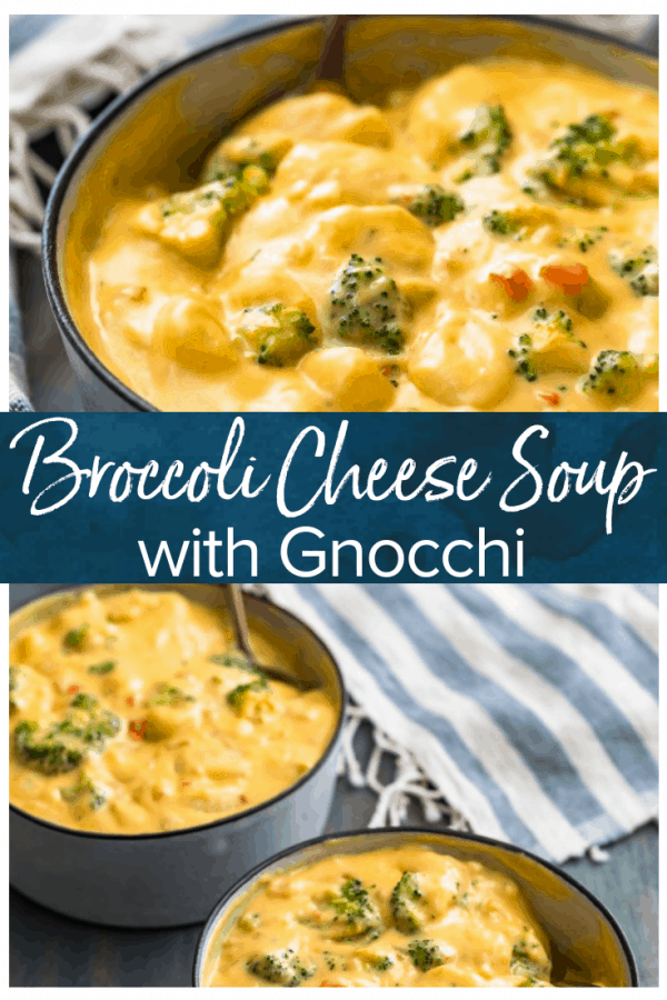 Broccoli and Cheese Soup is a winter time favorite, but we're taking it up a notch by adding gnocchi into the mix! This cheesy broccoli gnocchi soup is so easy and so delicious. It'll warm you right up all season long!