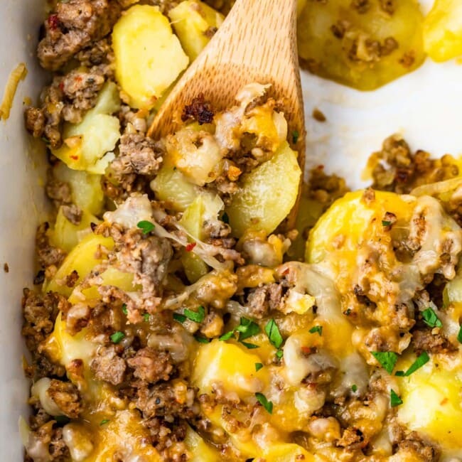 Sausage and potatoes is a classic combo that's perfect for breakfast. This CHEESY sausage and potatoes recipe is so simple and so delicious. Make this sausage potato casserole in just 30 minutes, and have a hot breakfast ready in no time. I especially love this cheesy sausage breakfast casserole for Christmas and other holiday mornings.