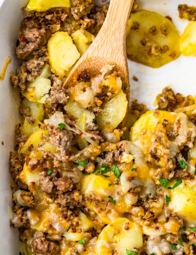 Sausage and potatoes is a classic combo that's perfect for breakfast. This CHEESY sausage and potatoes recipe is so simple and so delicious. Make this sausage potato casserole in just 30 minutes, and have a hot breakfast ready in no time. I especially love this cheesy sausage breakfast casserole for Christmas and other holiday mornings.