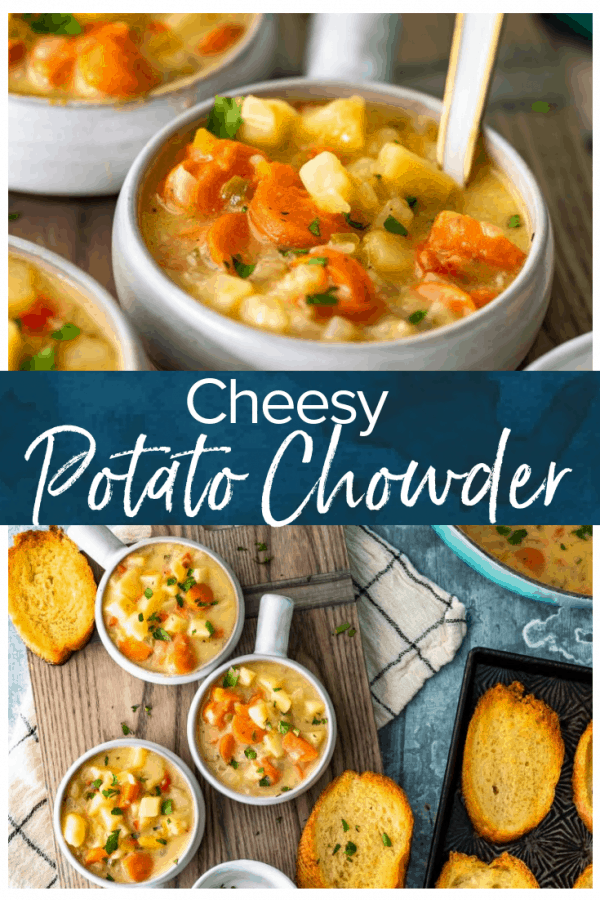 Cheesy Potato Soup is filled with hearty vegetables, potatoes, and lots of cheese! This cheesy potato chowder is a great soup to chow down on during cold winter nights. It's warm, it's easy to make, and it's so delicious. This cheesy potato soup recipe is perfect!