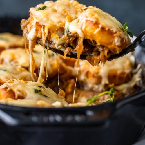 French Onion Soup Casserole is the perfect combination of a classic soup and an easy casserole recipe. This delicious French Onion Casserole is filled with caramelized onions, crunchy baguettes, and plenty of cheese. It tastes just like the soup, but in an easy to make weeknight dinner! I love this easy French Onion Soup Casserole!