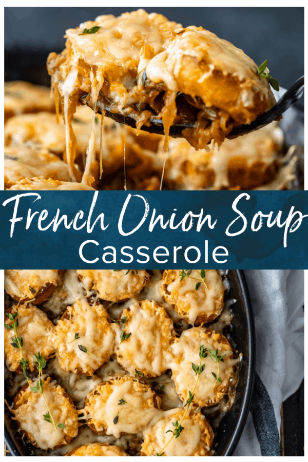 French Onion Soup Casserole is the perfect combination of a classic soup and an easy casserole recipe. This delicious French Onion Casserole is filled with caramelized onions, crunchy baguettes, and plenty of cheese. It tastes just like the soup, but in an easy to make weeknight dinner! I love this easy French Onion Soup Casserole!