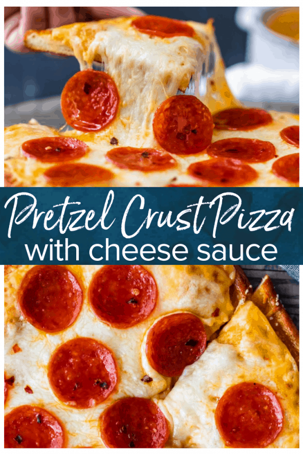 Soft Pretzel Crust Pizza with Cheese Sauce is the ULTIMATE easy Cheesy Pizza Recipe! This pizza is a Little Caesar's Copycat Recipe, modeled after their famous Pretzel Crust Pizza Recipe with cheese sauce instead of marinara!