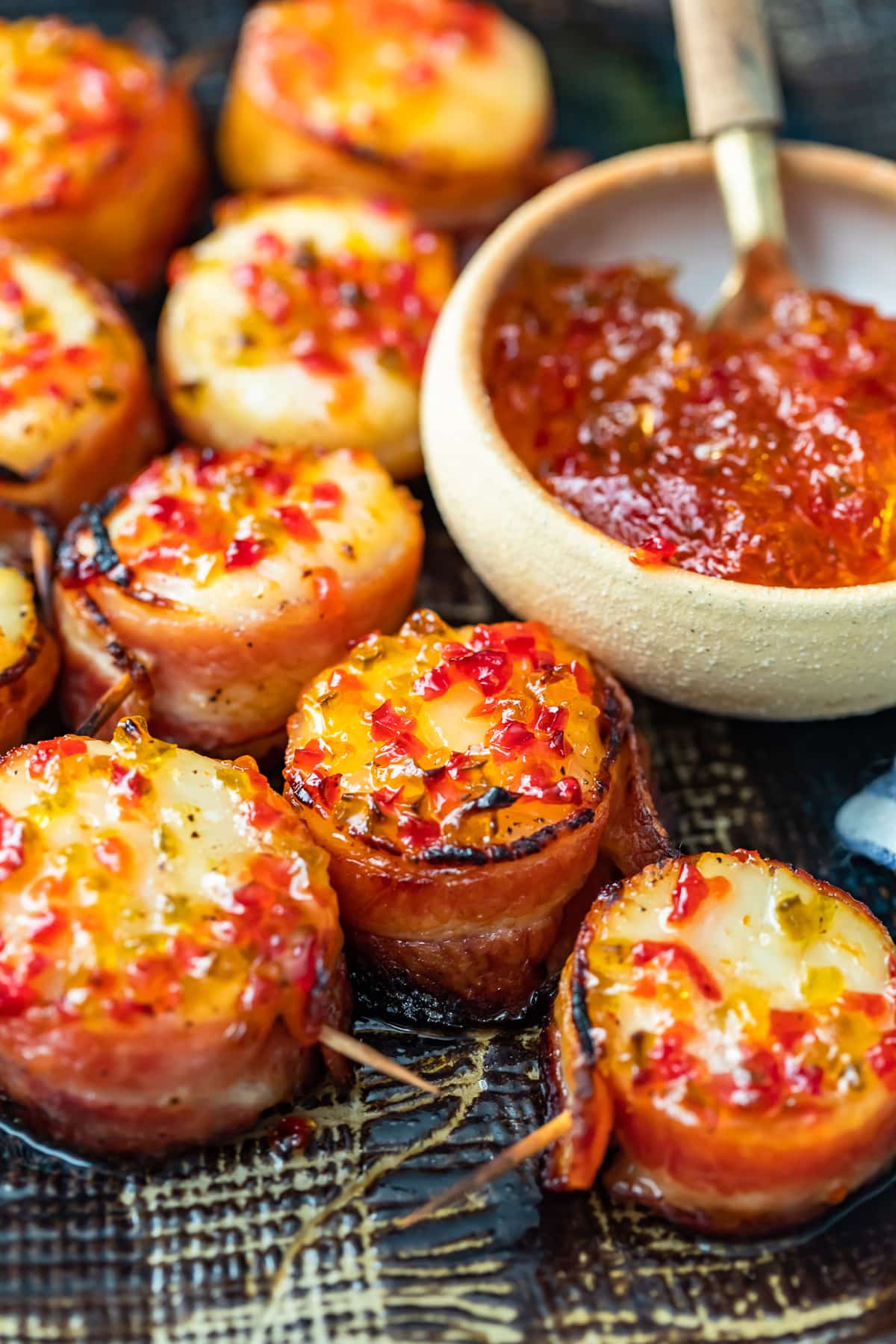 sweet and spicy bacon wrapped scallops