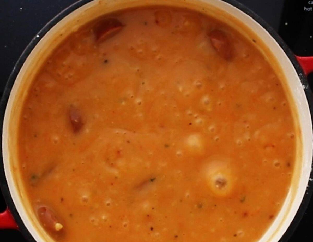 Gumbo simmering in a pot.