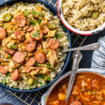 Chicken and Sausage Gumbo is a super flavorful stew served over our okra rice pilaf. This tasty chicken sausage gumbo recipe is filled with onions, celery, bell peppers, chicken, sausage, and the perfect Cajun seasonings. The okra pilau adds in that traditional okra flavor and finishes off the chicken gumbo beautifully!