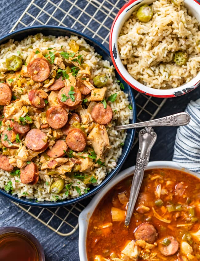 Chicken and Sausage Gumbo is a super flavorful stew served over our okra rice pilaf. This tasty chicken sausage gumbo recipe is filled with onions, celery, bell peppers, chicken, sausage, and the perfect Cajun seasonings. The okra pilau adds in that traditional okra flavor and finishes off the chicken gumbo beautifully!