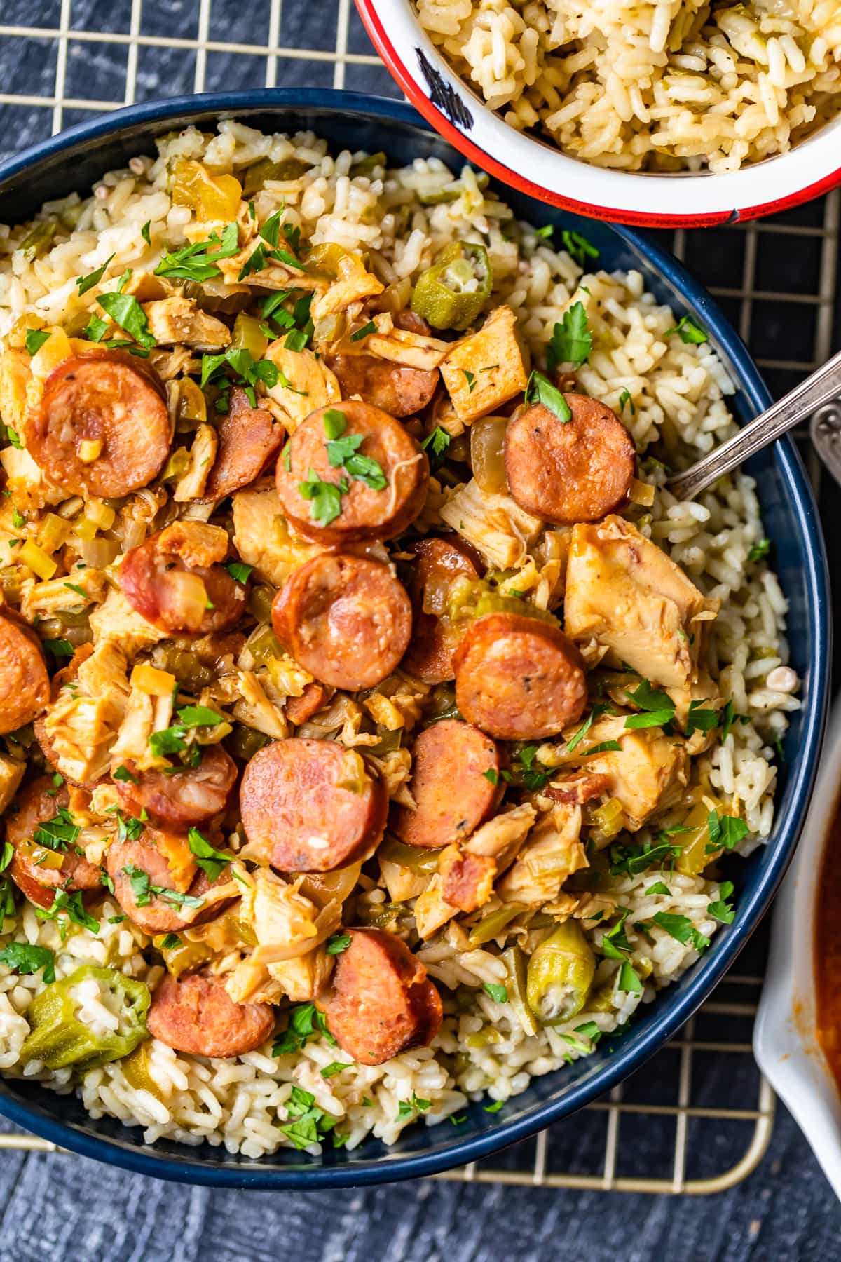 chicken gumbo with sausage, served over rice pilaf