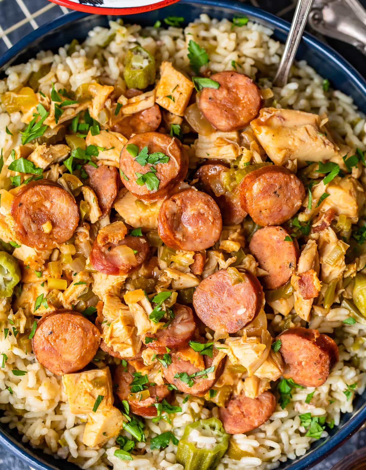 close up on chicken sausage gumbo and okra pilaf