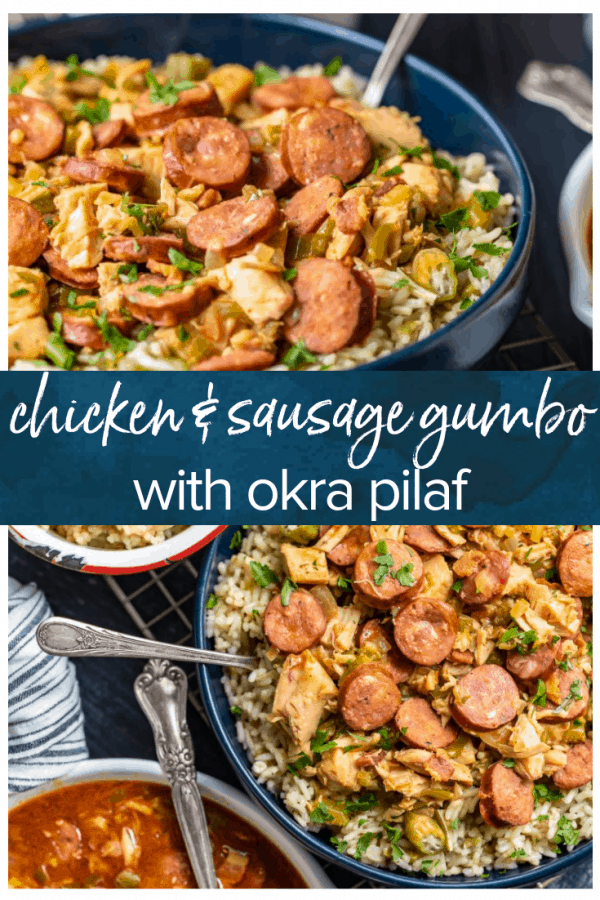 Chicken and Sausage Gumbo is a super flavorful stew served over our okra rice pilaf. This tasty chicken sausage gumbo recipe is filled with onions, celery, bell peppers, chicken, sausage, and the perfect Cajun seasonings. The okra pilau adds in that traditional okra flavor and finishes off the chicken gumbo beautifully! #thecookierookie #gumbo #chicken #sausage #southernfood #cajun #creole #okra #pilaf