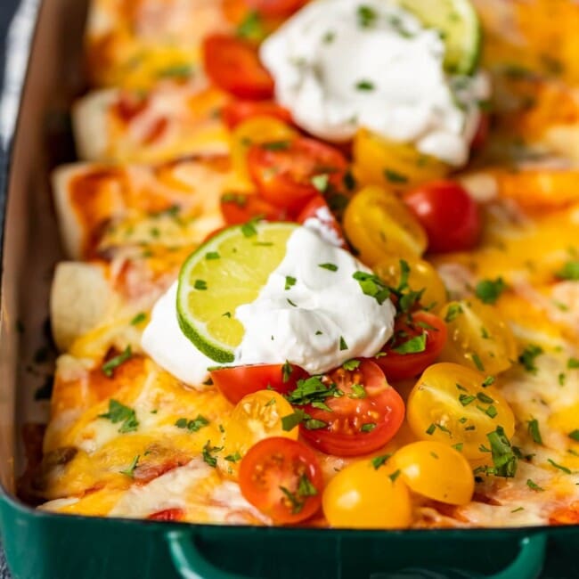 Shredded Beef Enchiladas are the perfect thing to serve for dinner. This is the best beef enchilada recipe I've ever had! They're filled with the most flavorful shredded beef, and topped with sour cream, cheese, tomatoes, and more. Make this amazing beef enchiladas recipe right away!