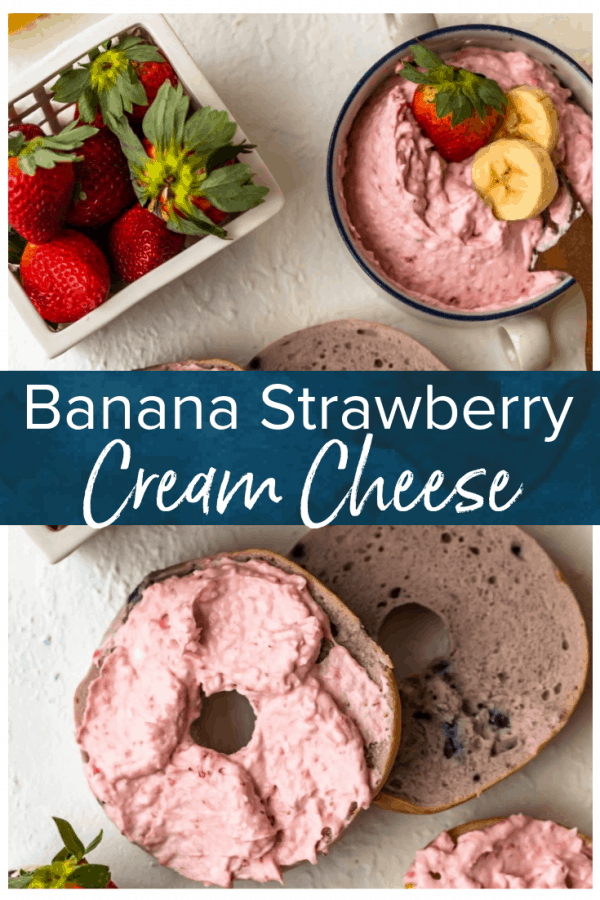 Banana Strawberry Cream Cheese is the perfect way to add some fun to the typical bagel with cream cheese breakfast. This semi homemade cream cheese spread is so easy to make, and it adds to much flavor. Find out how to make this easy cream cheese recipe to add to your morning bagels! #thecookierookie #creamcheese #strawberrybanana #bagels #breakfast #easyrecipes