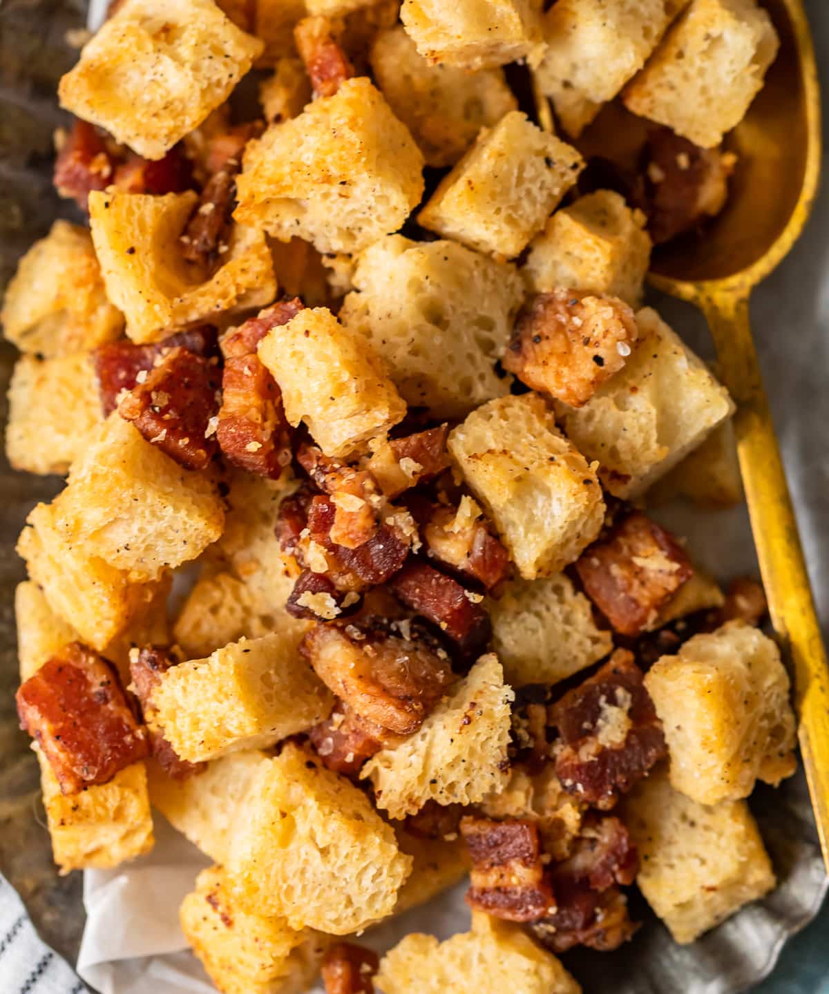 bacon bits mixed in with baked croutons