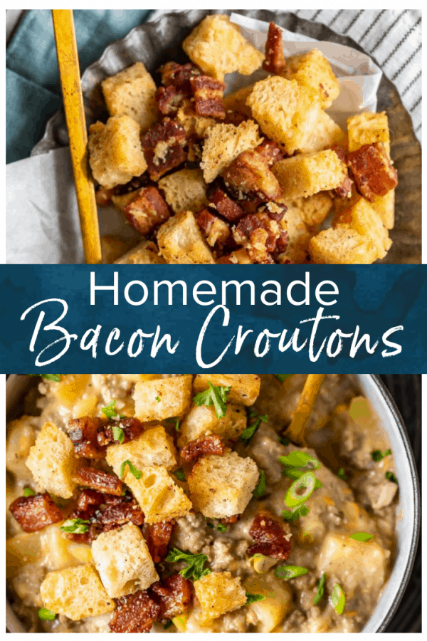 Bacon croutons are the perfect way to add some extra flavor to any soup or salad. This homemade croutons recipe is so easy to make! Baked croutons with the added taste of bacon. What could be better?! #thecookierookie #bacon #croutons #homemade #salads