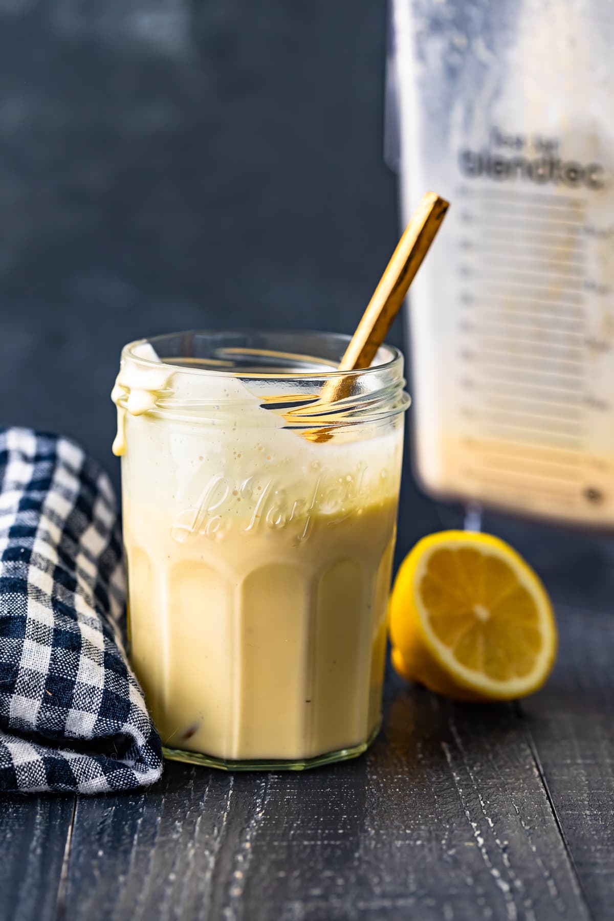 hollandaise sauce in a jar, next to a blender