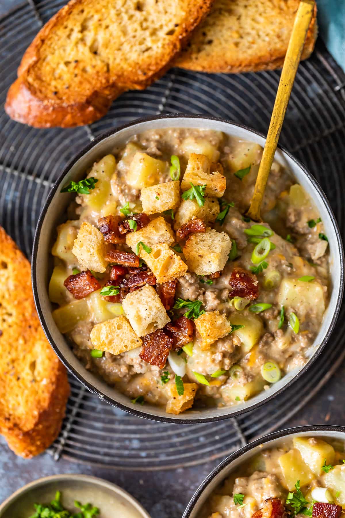 overhead view of a bowl of cheeseburger soup