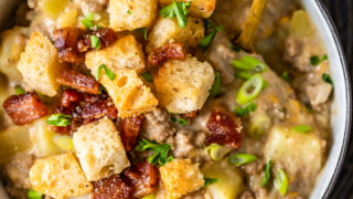 Bacon Cheeseburger Soup Recipe with Bacon Croutons