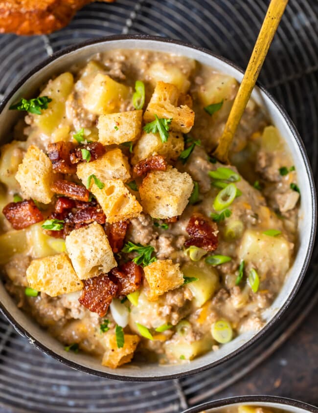 Cheeseburger Soup is a savory, delicious soup with classic all-American flavors. This Bacon Cheeseburger Soup Recipe is filled with everything you'd expect from a good cheeseburger, plus topped with homemade bacon croutons. Easy to make, hard to stop eating!