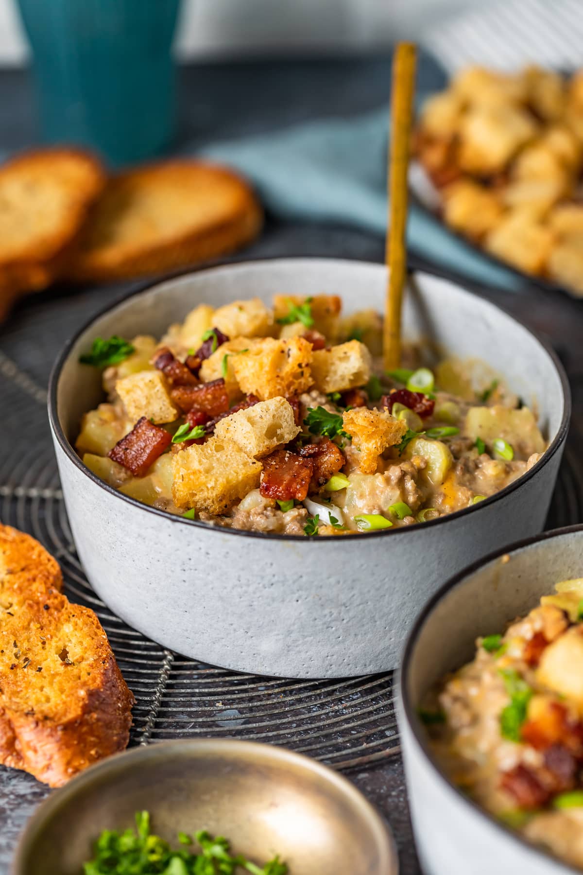 bacon cheeseburger soup in a bowl 