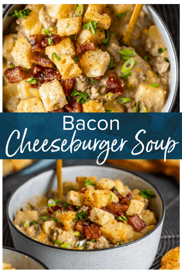 Cheeseburger Soup is a savory, delicious soup with classic all-American flavors. This Bacon Cheeseburger Soup Recipe is filled with everything you'd expect from a good cheeseburger, plus topped with homemade bacon croutons. Easy to make, hard to stop eating! #thecookierookie #cheeseburger #soup #bacon