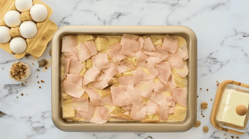 eggs benedict casserole before being baked.