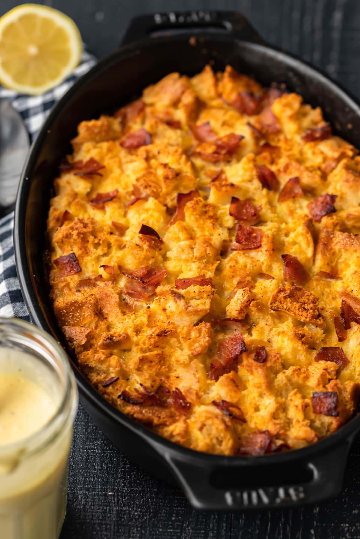 eggs benedict casserole with ham, eggs, english muffins,