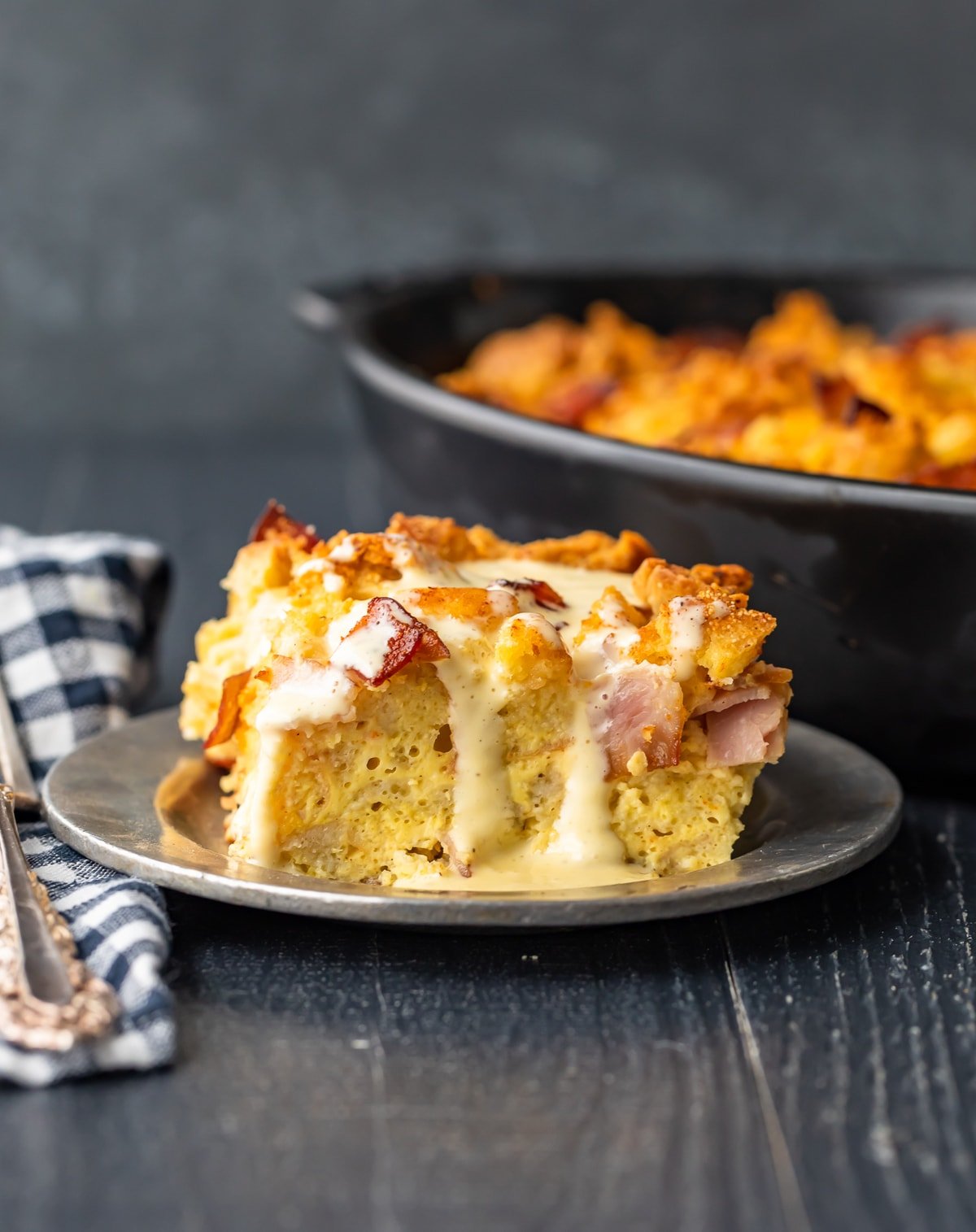 breakfast casserole covered in hollandaise sauce