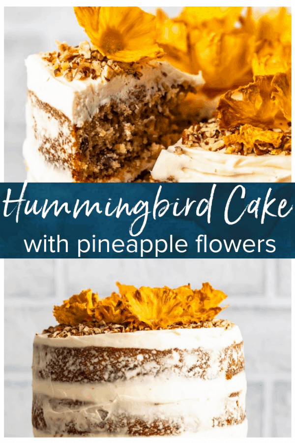 Hummingbird Cake is a sweet and delicious dessert for any occasion. This beautiful banana pineapple cake with cream cheese frosting is a popular Southern cake recipe that everyone should try. Make this Hummingbird Cake recipe (with pineapple flowers) for Easter, bridal showers, and more! #thecookierookie #cakes #dessert #baking #easter #hummingbirdcake #holidayrecipes