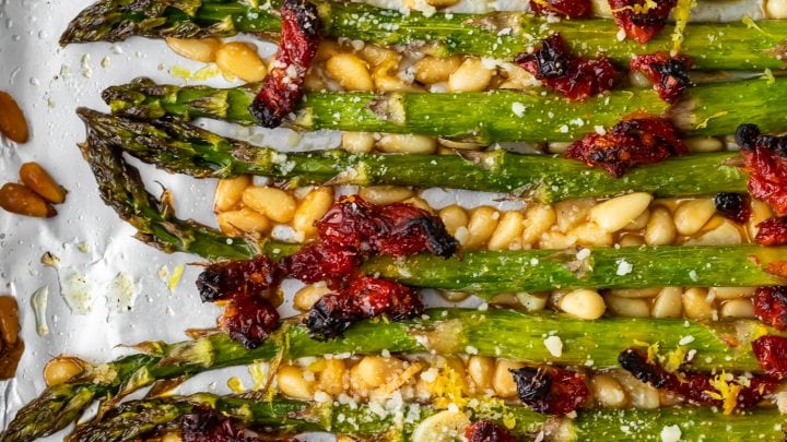 Oven Roasted Asparagus Recipe with Sun Dried Tomatoes & Parmesan