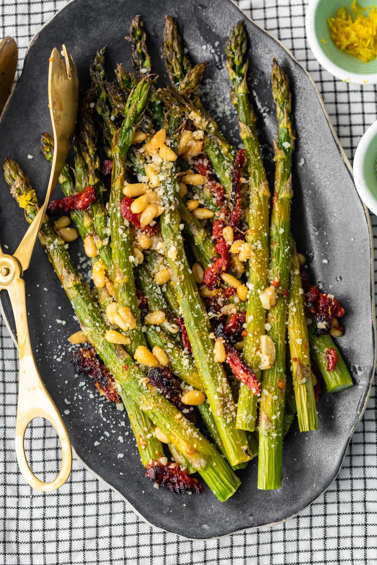 roasted asparagus side dish on a serving platter