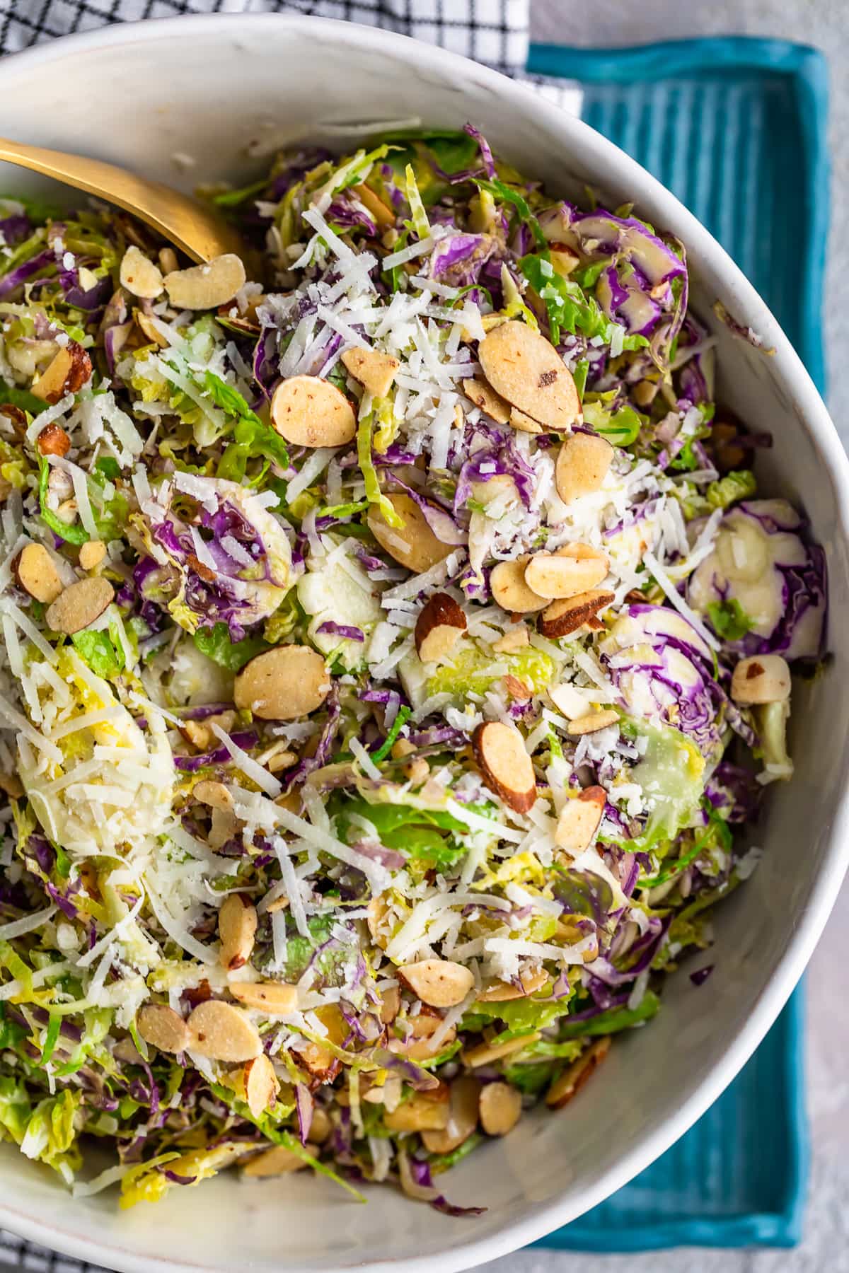 shaved brussels sprout salad with almonds and parmesan.