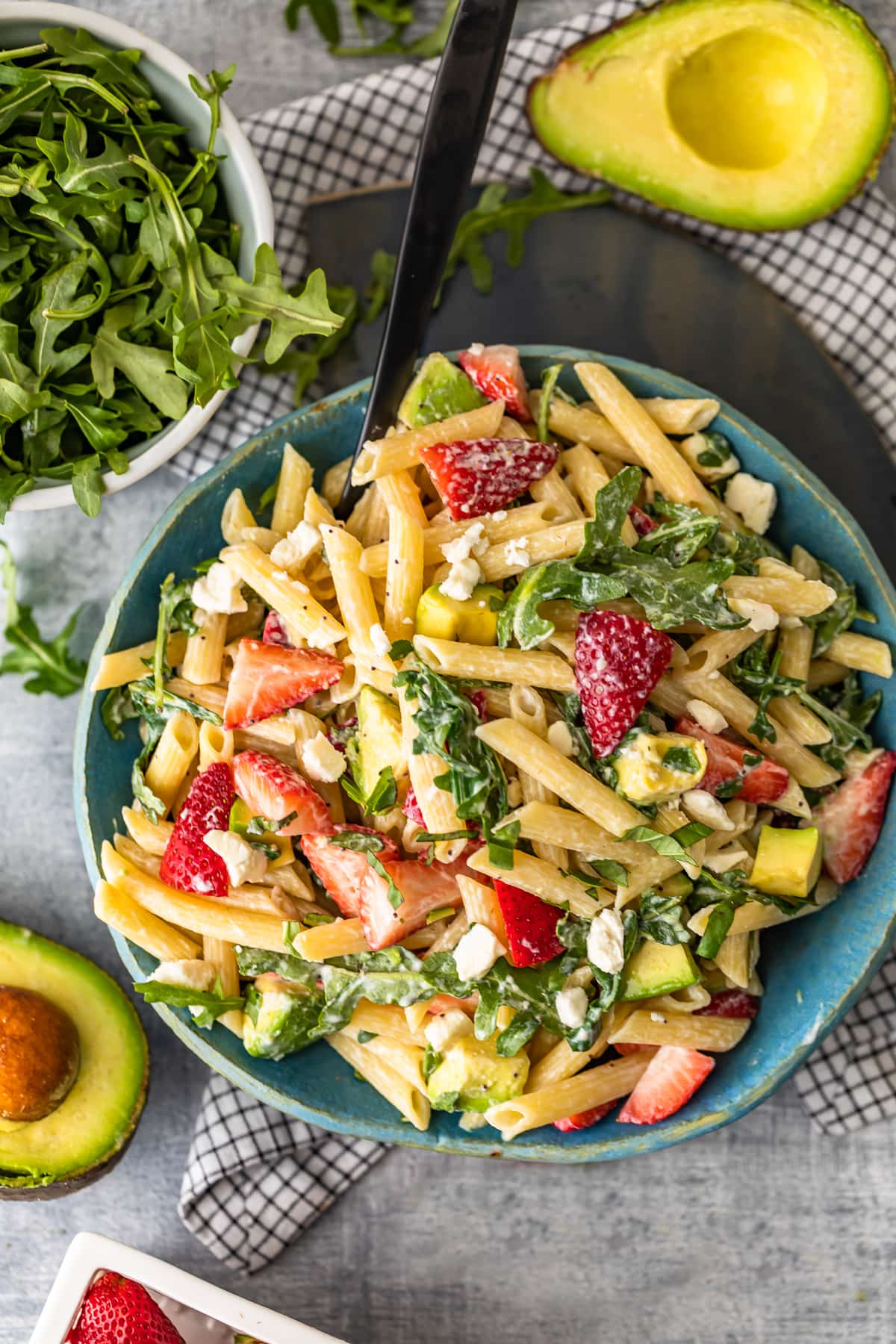 overhead view of a bowl of pasta salad