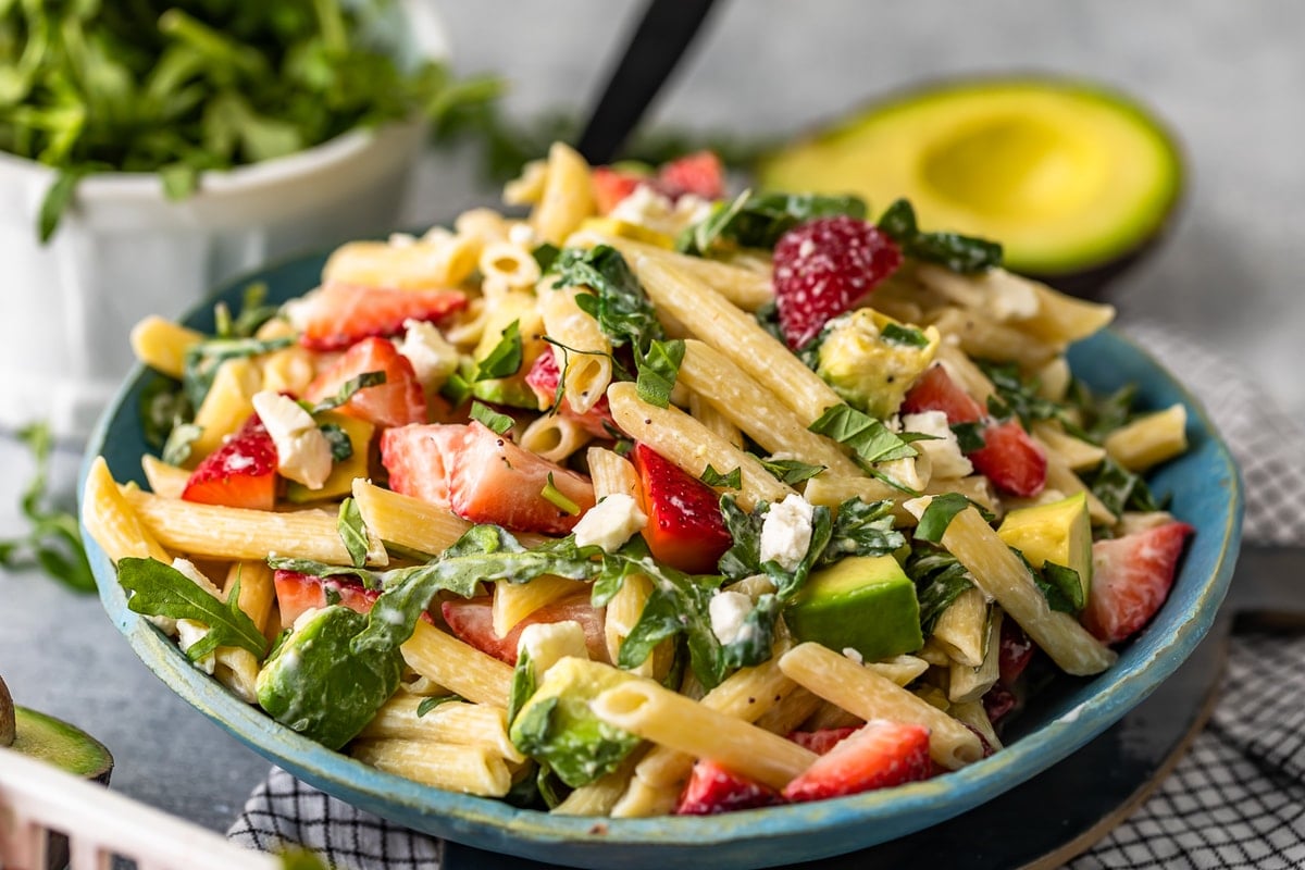 serving bowl of summer pasta salad