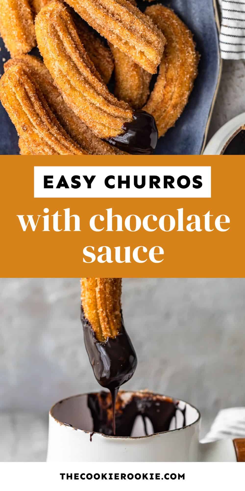 easy churro recipe with chocolate sauce pin image