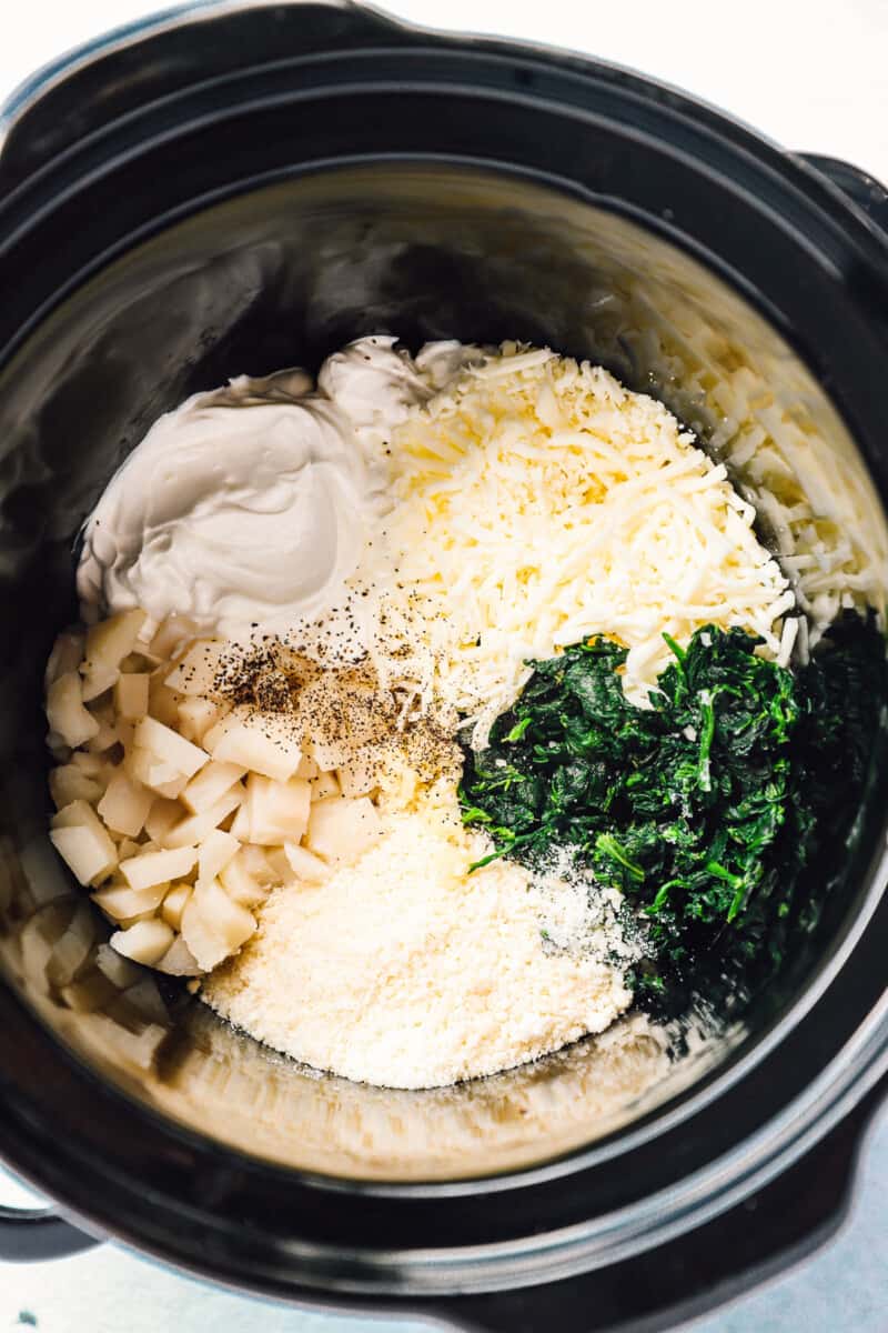 ingredients for spinach dip in a slow cooker